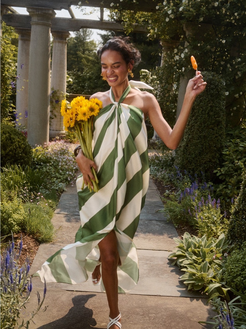 Green and White Striped Halter Summer Dress